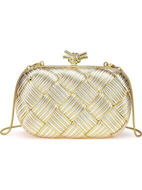 Women's Silver Metallic Clutch Purse Gold Chain Party Evening Shoulder Bag